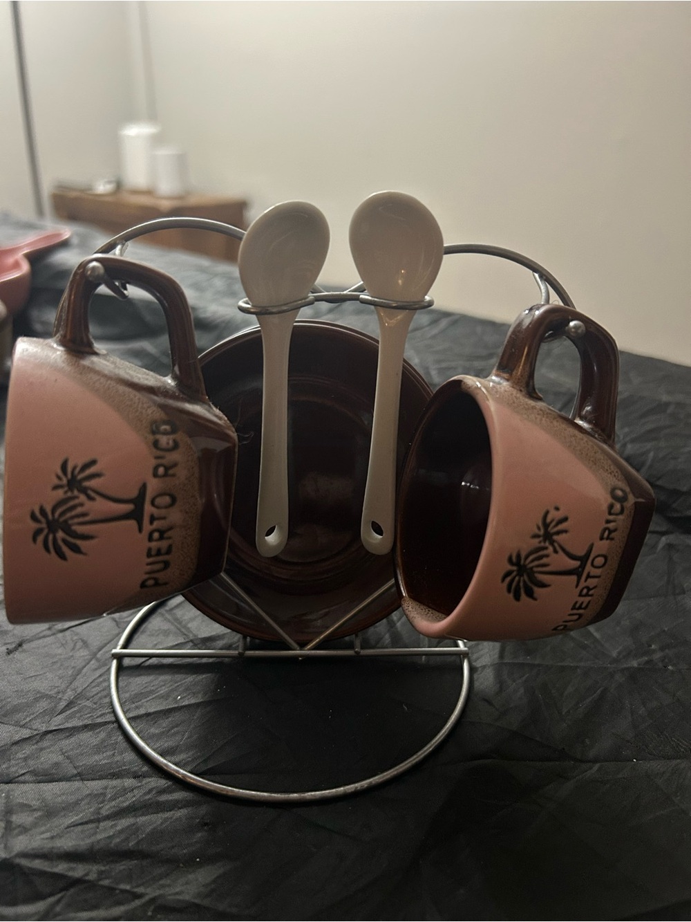 Puerto Rico Ceramic Espresso Coffee Mug Set with Spoons - Pink and Brown